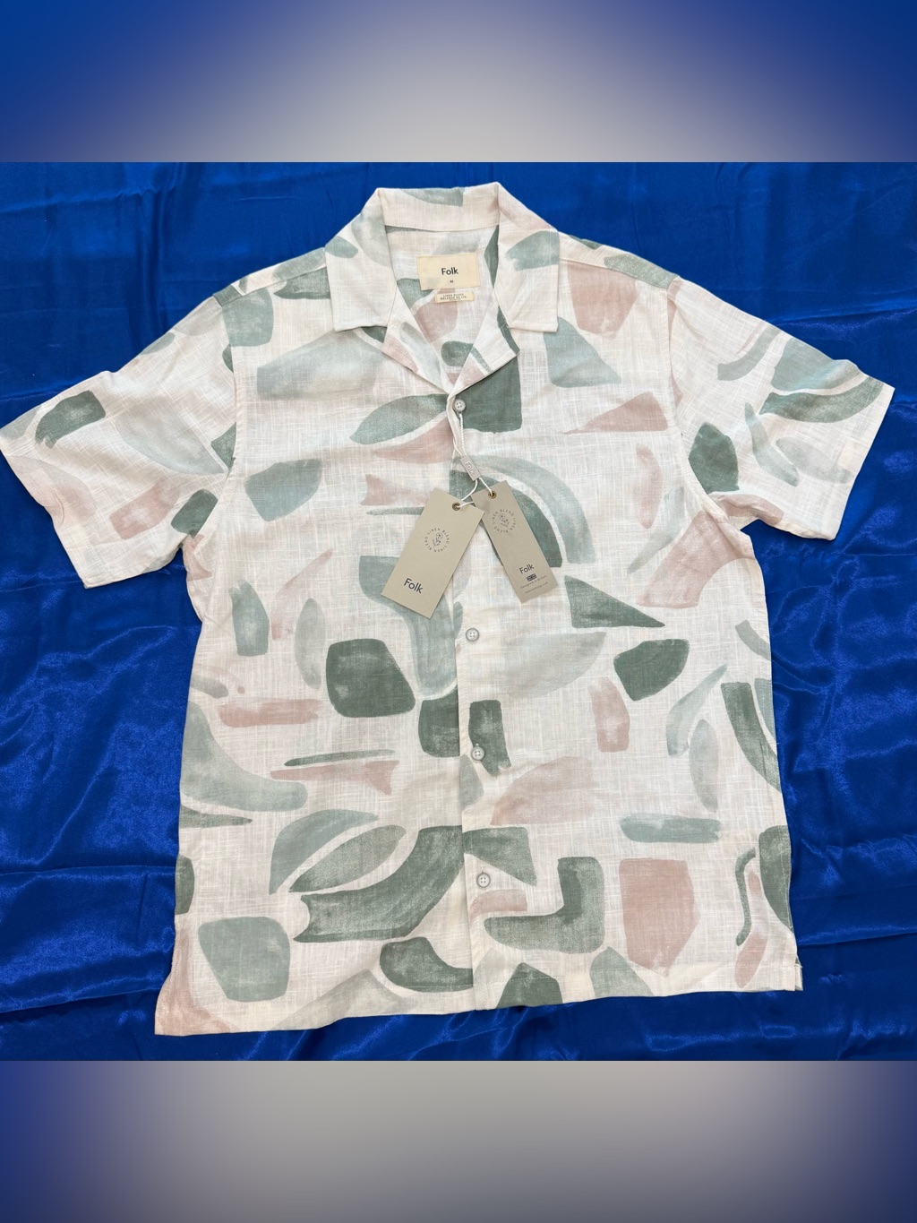 Folk Linen Blend Short-Sleeve Button-Down Shirt In Sage Green & Blush - Menâs M